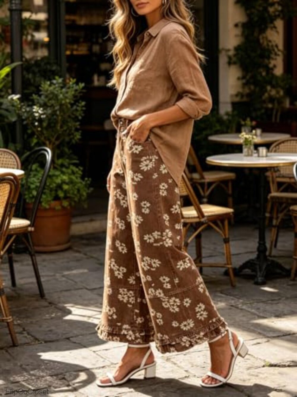 High Rise Wide Leg Crop Jeans Ruffle Hem Floral Patchwork - Picture 3 of 6